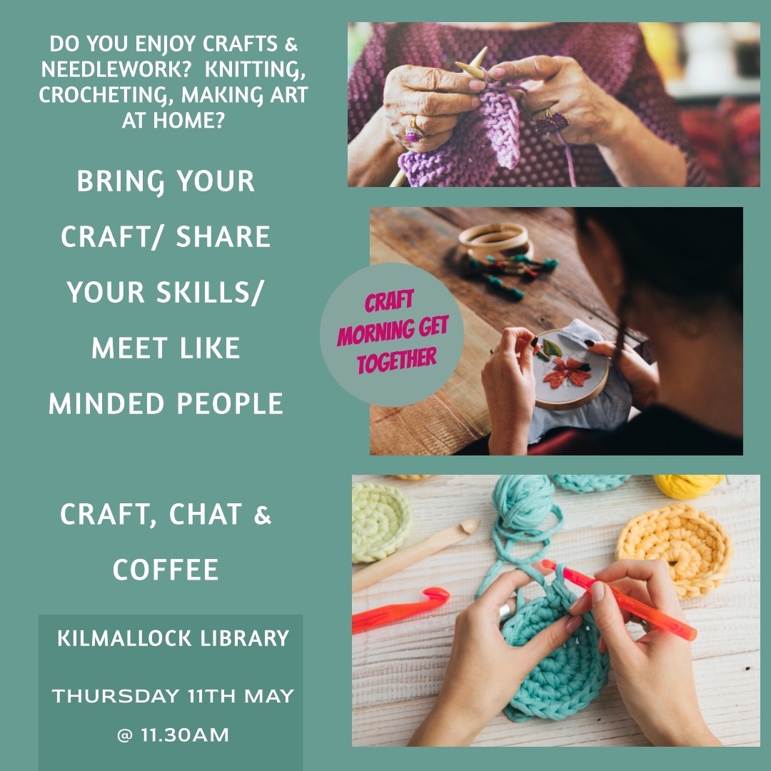 REMINDER ! #KilmallockLibrary invite you to join them for a #craftmorning @ 11.30 🧶🪡
Bring your crafts, share your skills & chat with like minded people. Hope to see you there  🤗

#LimerickLibraries #crafts #knitting #needlework #crochet #TakeACloserLook