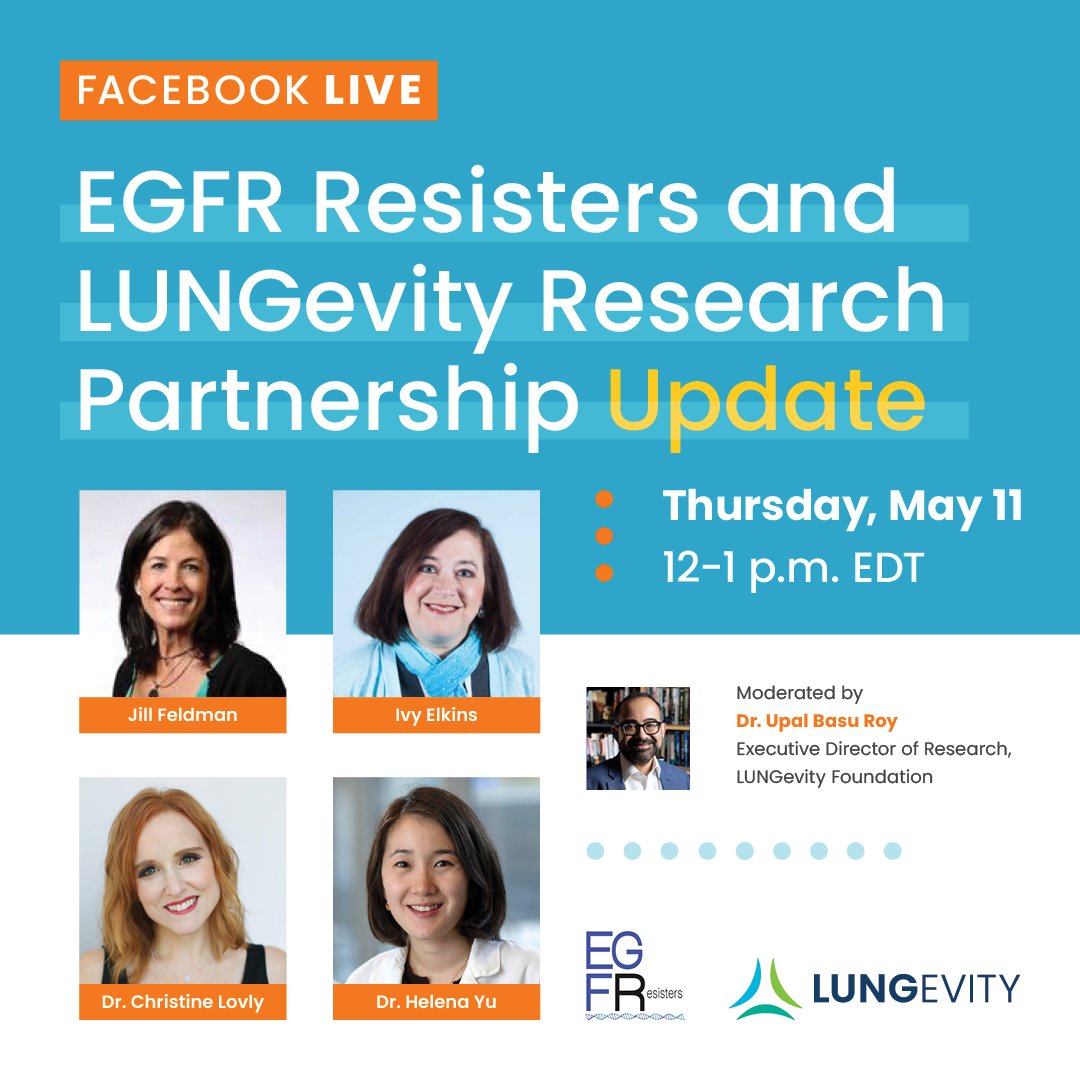 LUNGevity Foundation (@lungevity) on Twitter photo Are you living with #EGFR+ #lungcancer and wondering what's next once #osimertinib stops working? <a href="/EGFRResisters/">EGFR Resisters</a> co-founders, <a href="/jillfeldman4/">Jill Feldman</a> & <a href="/ivybelkins/">Ivy Elkins</a>, along with <a href="/christine_lovly/">Christine Lovly, MD, PhD, FASCO</a> & <a href="/HelenaYu923/">Helena Yu</a> will be sharing updates during a Facebook Live on 5/11 fb.me/e/T6HK8iql Are you living with #EGFR+ #lungcancer and wondering what's next once #osimertinib stops working? <a href="/EGFRResisters/">EGFR Resisters</a> co-founders, <a href="/jillfeldman4/">Jill Feldman</a> & <a href="/ivybelkins/">Ivy Elkins</a>, along with <a href="/christine_lovly/">Christine Lovly, MD, PhD, FASCO</a> & <a href="/HelenaYu923/">Helena Yu</a> will be sharing updates during a Facebook Live on 5/11 fb.me/e/T6HK8iql