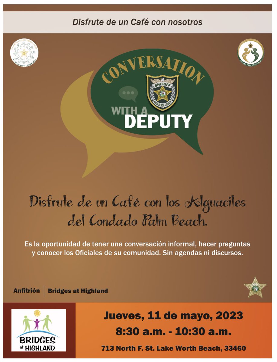 PBSOEE's tweet photo. Quedan invitado - mañana disfrute de un café con nosotros, los alguaciles del Condado de Palm Beach. Estaremos en Lake Worth - 713 North F. St. de 8:30-10:30 a.m. para responder sus preguntas. #PalmBeach https://t.co/afx9oi45Oc