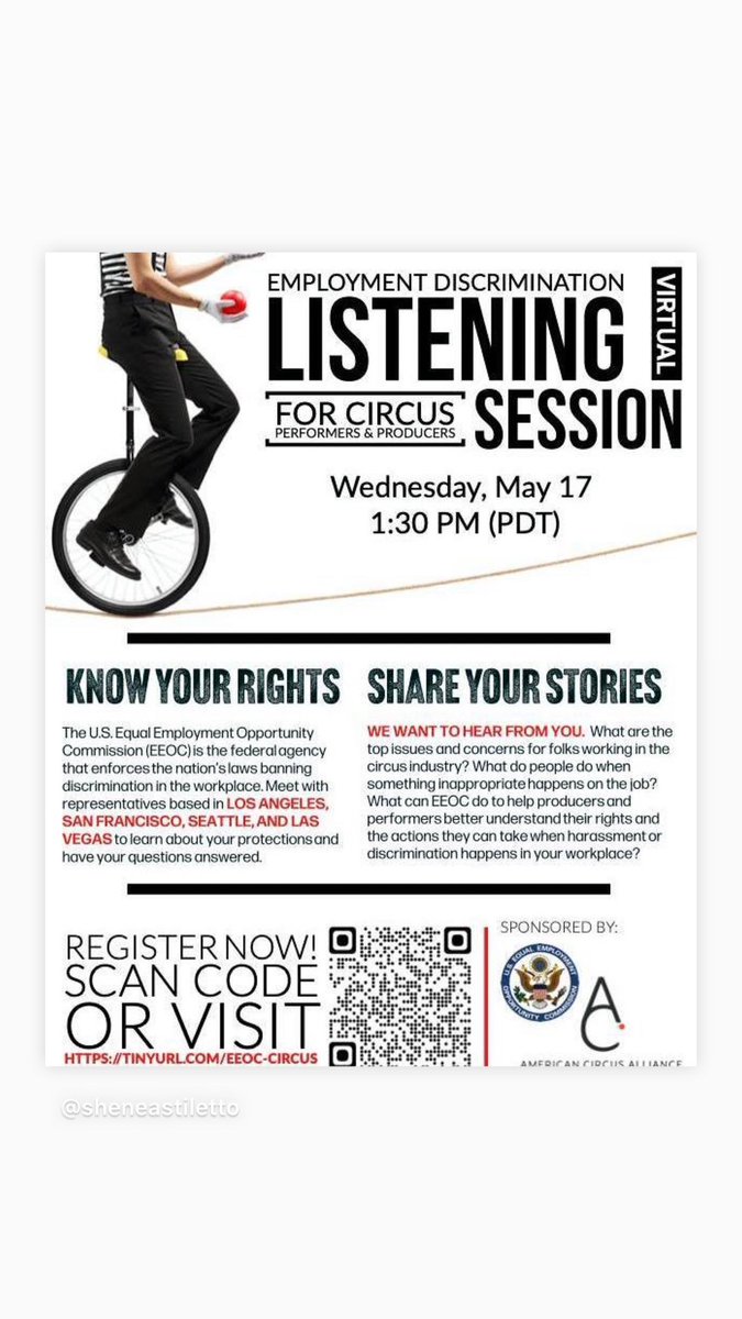 LISTENING SESSION FOR THE CIRCUS INDUSTRY brought to you by the Equal Employment Opportunity Commission

Sponsored by the American Circus Alliance 🎪

#circus #circusarts #cirque #employment @USEEOC @EEOCChair #employee #performingarts @BeAnArtsHero #artists #VirtualEvents