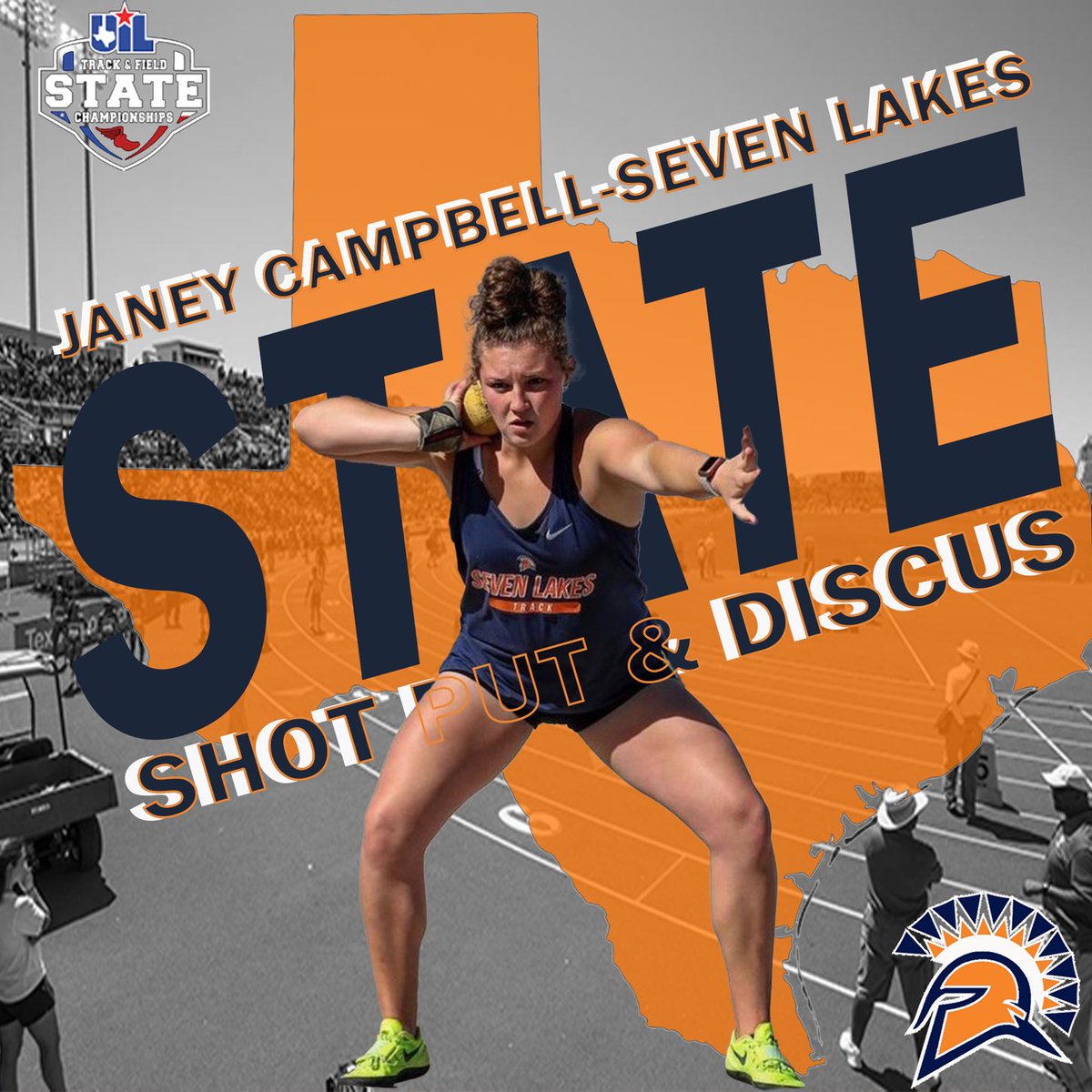 State Bound! Sophomore Janey Campbell returns to Austin to compete at the UIL 6A state Championship. Janey competed in both shot put and discus last year and returns in both. Watch our school record holder at 9 am and 1pm on Saturday