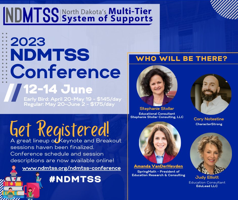The 23 NDMTSS Conference will be a unique opportunity for all educators, leadership teams, &amp; teachers. Days 1/2 will have keynotes and breakout sessions, &amp; day 3 is an all-day School Culture Training. 
Registration is open- Early Bird Price ends May 19!
ndmtss.org/2023-conferenc…