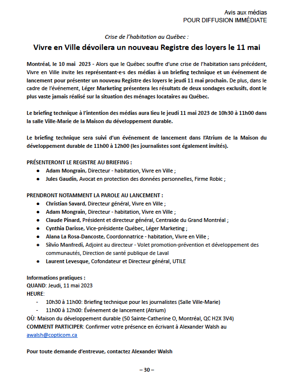 VivreenVille's tweet photo. [Avis aux médias] Crise de l’habitation : Vivre en Ville dévoilera un nouveau Registre des loyers le 11 mai à 11h, à la @MaisonDD. 
Le lancement sera accessible à tous en direct: https://t.co/4aPpdhQcnl https://t.co/tkhRINGgWK