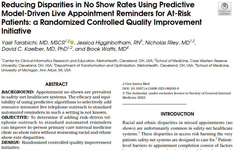 A randomized controlled intervention shows how an #ML model-driven live appointment reminders can be used to #reduce #disparities in appointment show rates @ytarabichi link.springer.com/article/10.100…