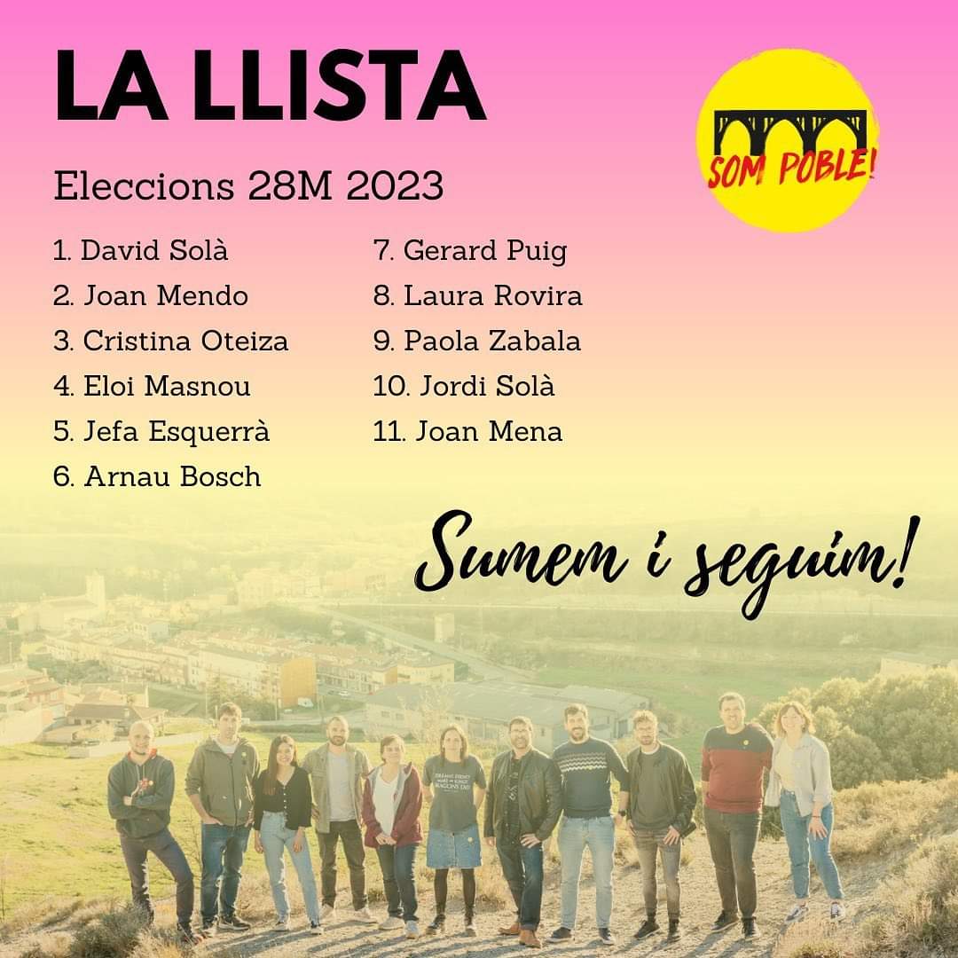 SompobleS's tweet photo. 📢Onze persones amb voluntat de seguir transformant el poble de tots i totes. 

Sumem i seguim!

Som Poble, som més, som tu. 
#municipals2023 #sompoble https://t.co/RCd4A9b8NJ