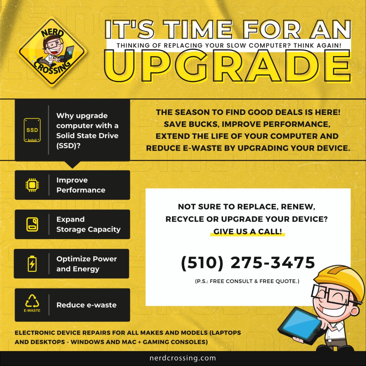 nerdxing's tweet image. 🐌👉🐇
Give us a call today to learn more! 
#upgrade #deviceadvice #techniciansupport #upgradeguidance #recyclingtips #deviceoptions #computer #SSD