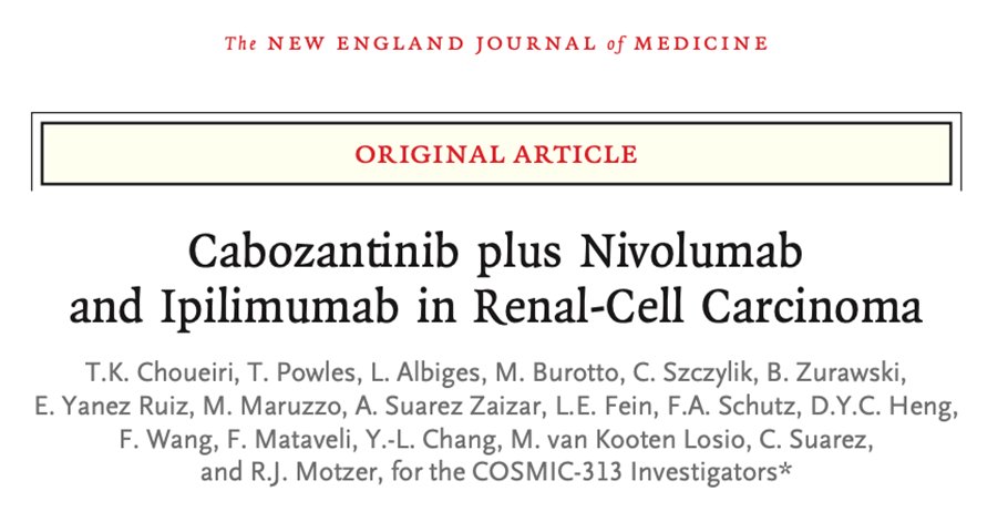 1/ Results from #COSMIC-313 are out @NEJM: 1st triplet combo (cabo/nivo/ipi) in #mRCC vs. a modern control (nivo/ipi). Initially presented as Plenary #ESMO22 session chaired by @CharlesSwanton @AndresC27622123 #ESMO22 Thread 🧵==> nejm.org/doi/full/10.10…