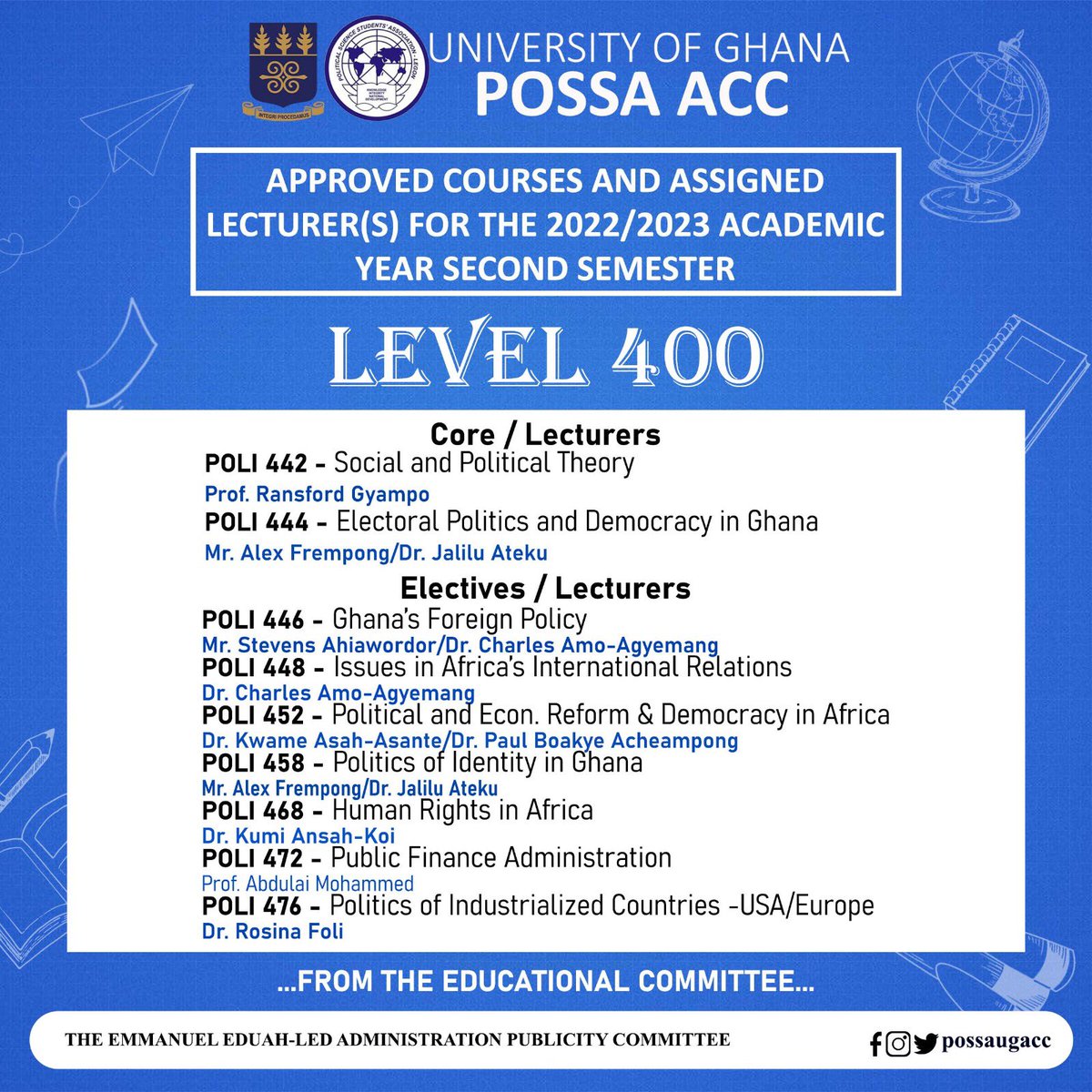possaugacc's tweet photo. Approved courses and assigned lecturer(s) for the 2022/2023 academic year second semester. 
#UG #POSSAUGACC #AlwaysAhead https://t.co/iOXKZ3DQO7