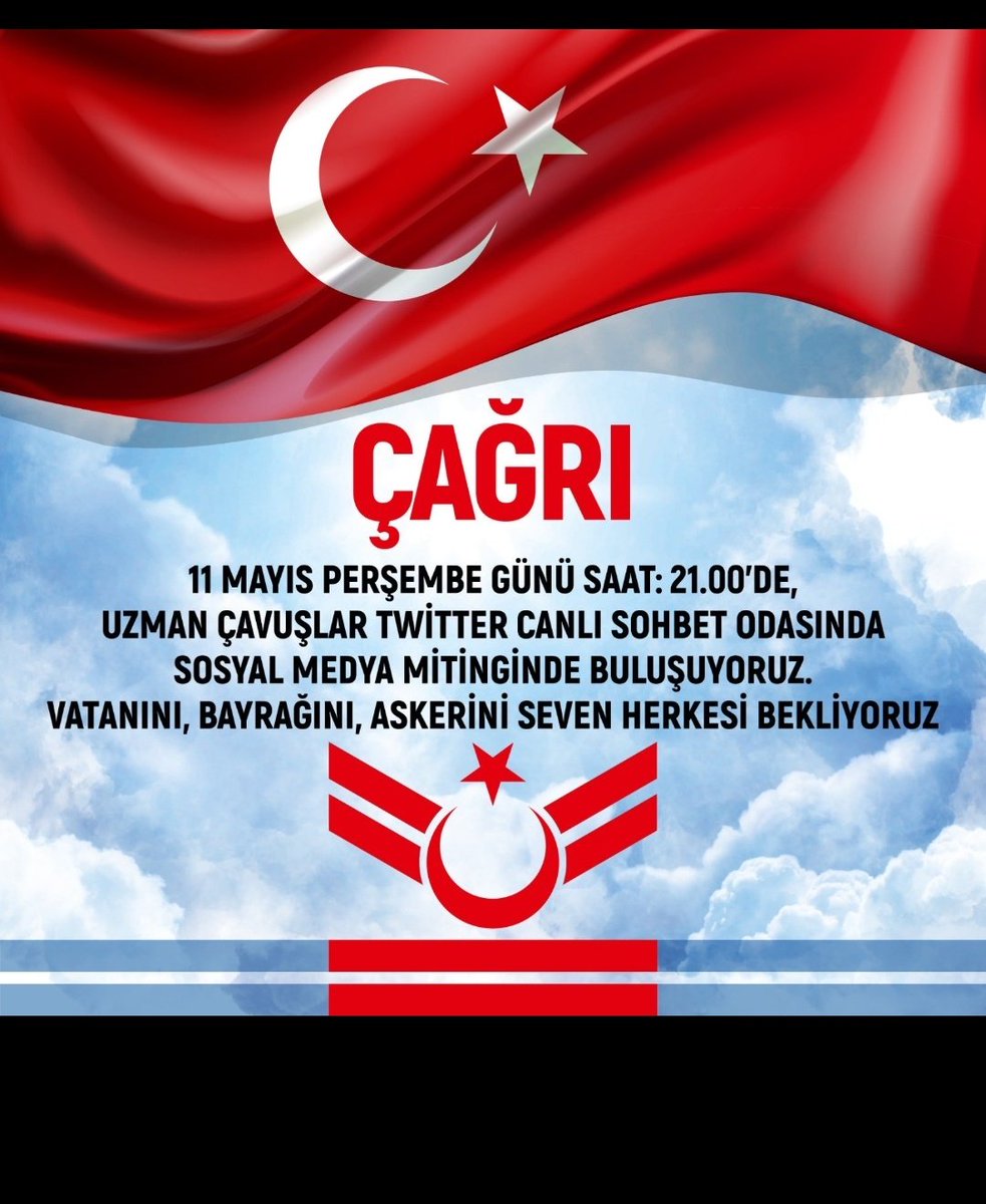 11 Mayıs 2023 tarihinde yapacağımız space odası etkinliğimize büyük bir katılımla sosyal medya mitingi yapmak ve son kez haykırmak için odamıza tüm ailemizle dostumuz arkadaşımızla siz değerli destekçilerimizi bekliyoruz. Lütfen davamıza sahip çıkalım. #UzmanÇavuş