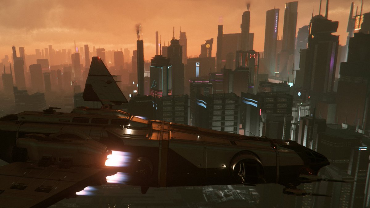 TestSquadron's tweet photo. Marvel at the Corsair soaring through ArcCorp's cityscape, featuring new clouds and a breathtaking sunset. Explore #StarCitizen's immersive universe with #TestSquadron! ๐๐ https://t.co/K32xc0qZYN