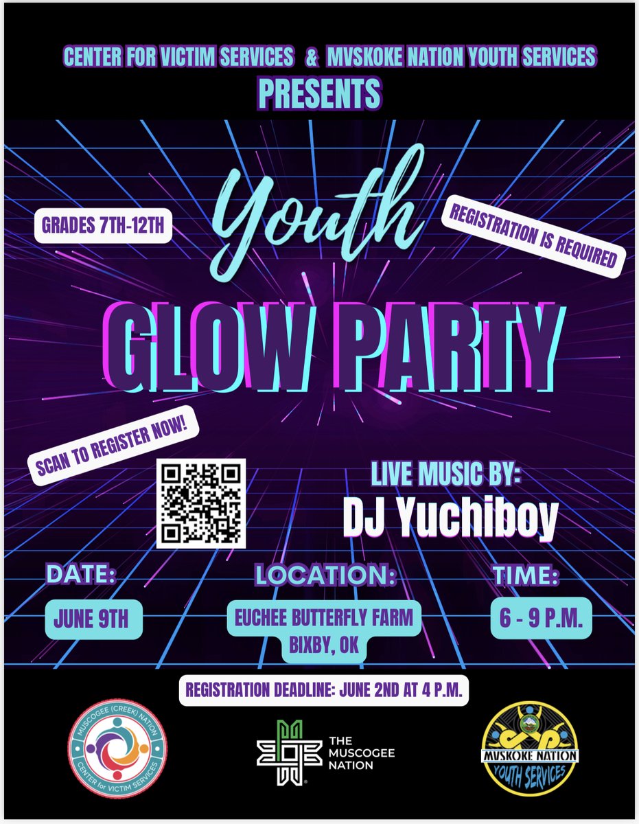 We're Partnering with the Center for Victim Services to host a Glo Party! Celebrate the end of the school year with us and learn more about safe and healthy dating practices. Register with the QR Code or the link below! mvskokeyouth.com/event-registra…