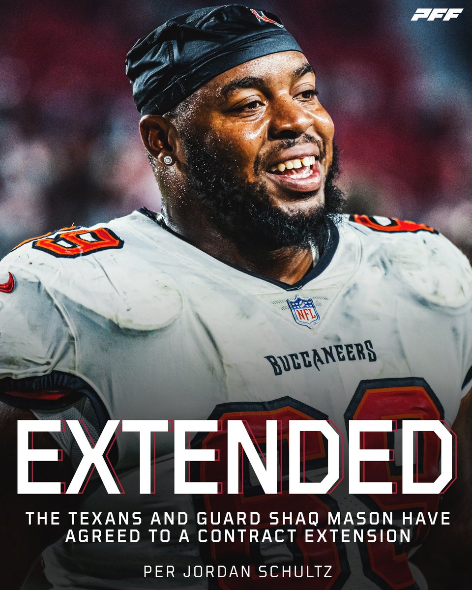 PFF's tweet photo. Shaq Mason is signing a 3-year, $36M extension with the Texans, per @Schultz_Report https://t.co/UNiF4bOF1l