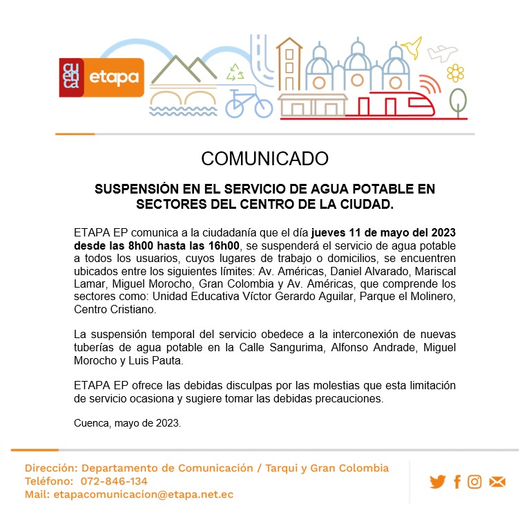 ETAPAOficial's tweet photo. Aviso.-Este jueves habrá suspensión del servicio de agua potable en el centro de la ciudad.  Gracias por su atención. https://t.co/6xnTfKJVIL