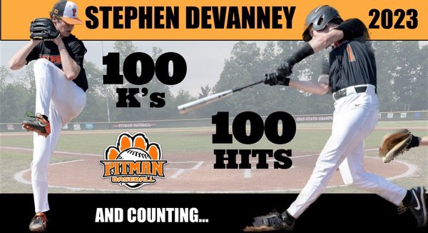 On April 22, @sdevanney_ hit 100 K’s. Today he reached 100 hits!! Can’t wait to see what amazing thing he does next! #PitmanBaseball #PitmanPantherPride @PitmanAthletics