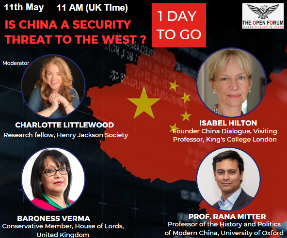 TheOpenForumUK's tweet photo. Is China a security threat the the west? 
1 day to go, stay tuned! 

@CharlotteFLit @isabelhilton @Baroness_Verma and Prof Rana Mitter.

#China #US #ChinaUS #TheOpenForum #Wednesday https://t.co/E8EI9Habad