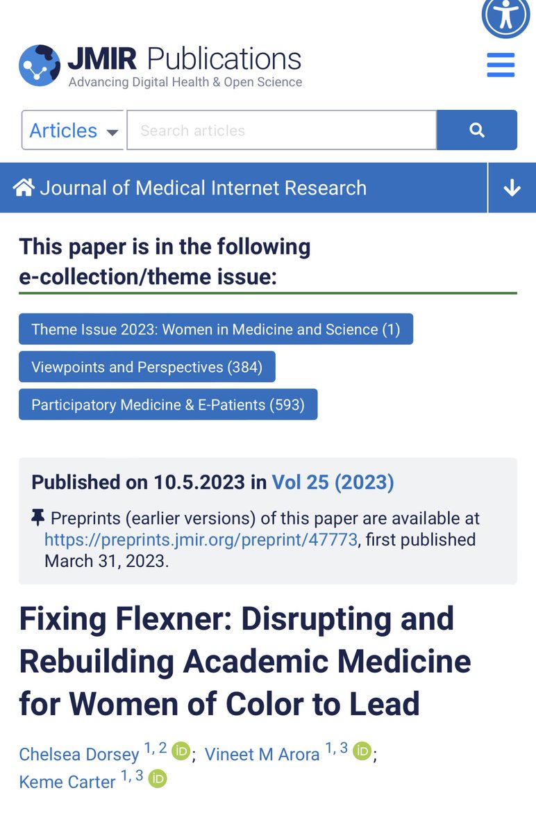 📣NEW PAPER: Enabling faculty women of color to lead in academic medicine for @jmirpub women in science series sponsored by @WIMSummit. Great to work with @UChiPritzker deans @MdDorsey and @KemeCarter See first author Dr Dorsey’s tweet below👇🏽👇🏽👇🏽 jmir.org/2023/1/e47773