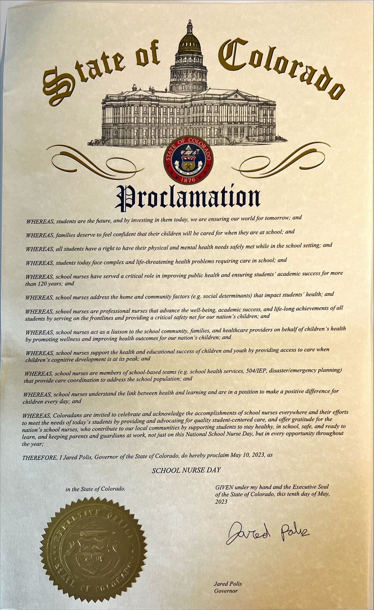 JessFrancoisPNP's tweet photo. The Governor of Colorado has declared today National School Nurse Day! #schoolnurses are critical to promoting the physical, mental, and social health of students and environments! Every child deserves access to a school nurse. Thank you @GovofCO! @schoolnurses @CoSchoolNurses https://t.co/uYNwY7NL1W