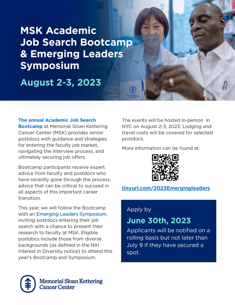 📢 Senior #postdocs from underrepresented groups in biomedical fields who are on the faculty job market this year - apply to our annual SKI Academic Job Search Bootcamp & present your research at the Emerging Leaders Symposium! Apply by 6/30: tinyurl.com/2023Emergingle…