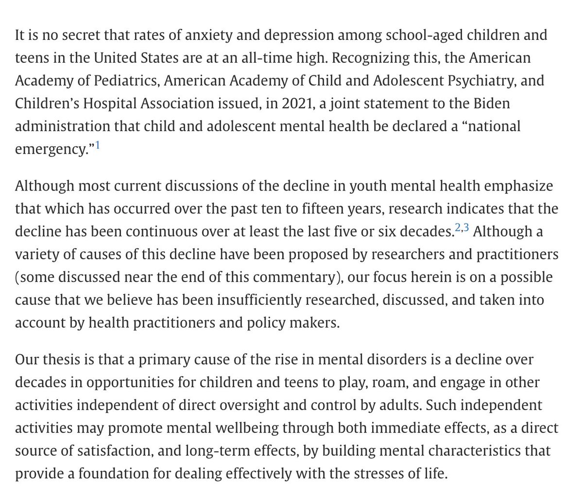 Why is children's well-being plummeting?  Peter Gray and colleagues blame plummeting opportunities for independent play, which is the ONLY way kids get opportunities to solve problems independently and develop confidence in themselves. <a href="/LetGrowOrg/">Let Grow</a>  jpeds.com/article/S0022-…