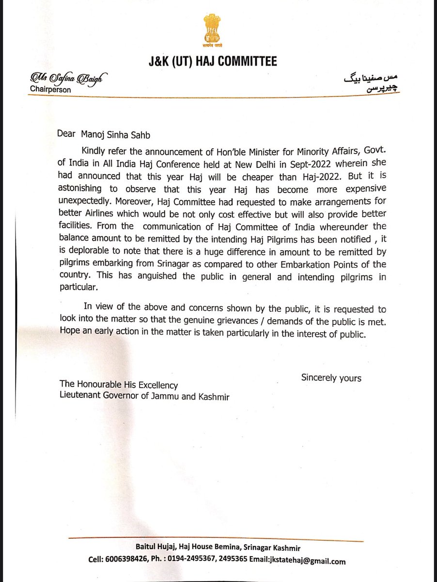The matter regarding Haj 2023 being more expensive has been taken up with the higher authorities viz-a-viz Hon’ble Minister MoMA <a href="/smritiirani/">Smriti Z Irani</a> , Hon’ble lieutenant Governor <a href="/manojsinha_/">Manoj Sinha</a> and Hon’ble Chairman Haj Committee of India.
<a href="/MOMAIndia/">Ministry of Minority Affairs</a> 
<a href="/OfficeOfLGJandK/">Office of LG J&K</a>  <a href="/SafinaMBaig/">Safina Baig</a>