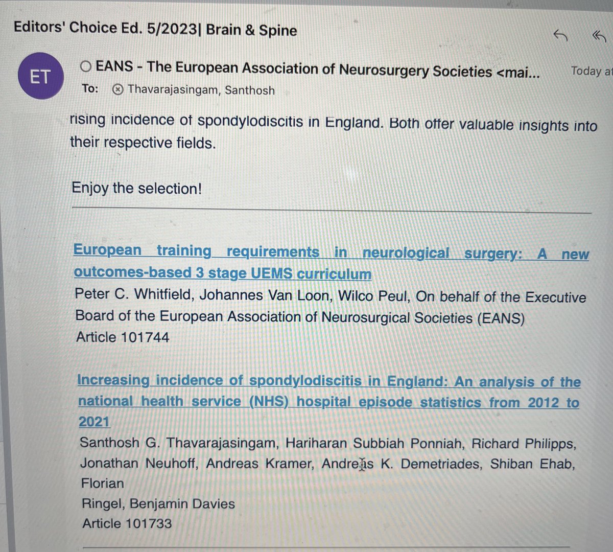 First official <a href="/IBrainSpine/">ImperialBrainSpine</a> paper - and straight away Editor‘s choice by <a href="/BrainSpineJ/">BrainandSpineJournal</a> <a href="/EANSonline50/">European Association of Neurosurgical Societies</a> ⭐️🙏🏽Read the paper now, spondylodiscitis incidence is going 🆙 doi.org/10.1016/j.bas.…