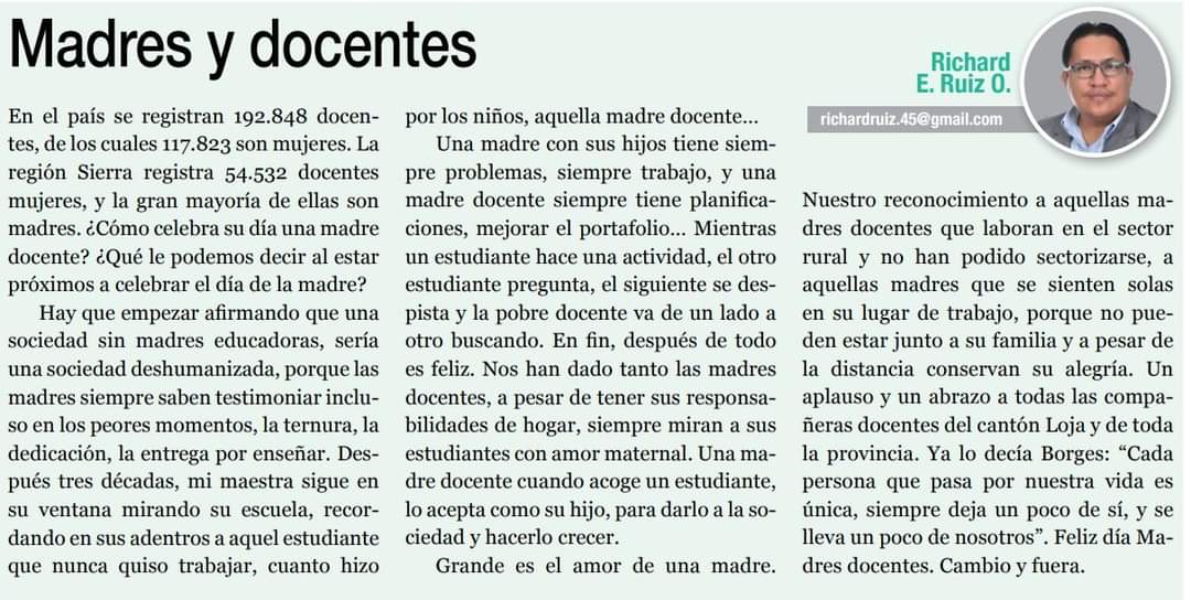 richardruiz79's tweet photo. “Cada persona que pasa por nuestra vida es única, siempre deja un poco de sí, y se lleva un poco de nosotros” (Borges) Próximos a celebrar el día de la madre saludamos a las madres docentes #articulodeopinion #HORA32 Un abrazo fraterno a todas ustedes. https://t.co/feBQa6S7B1