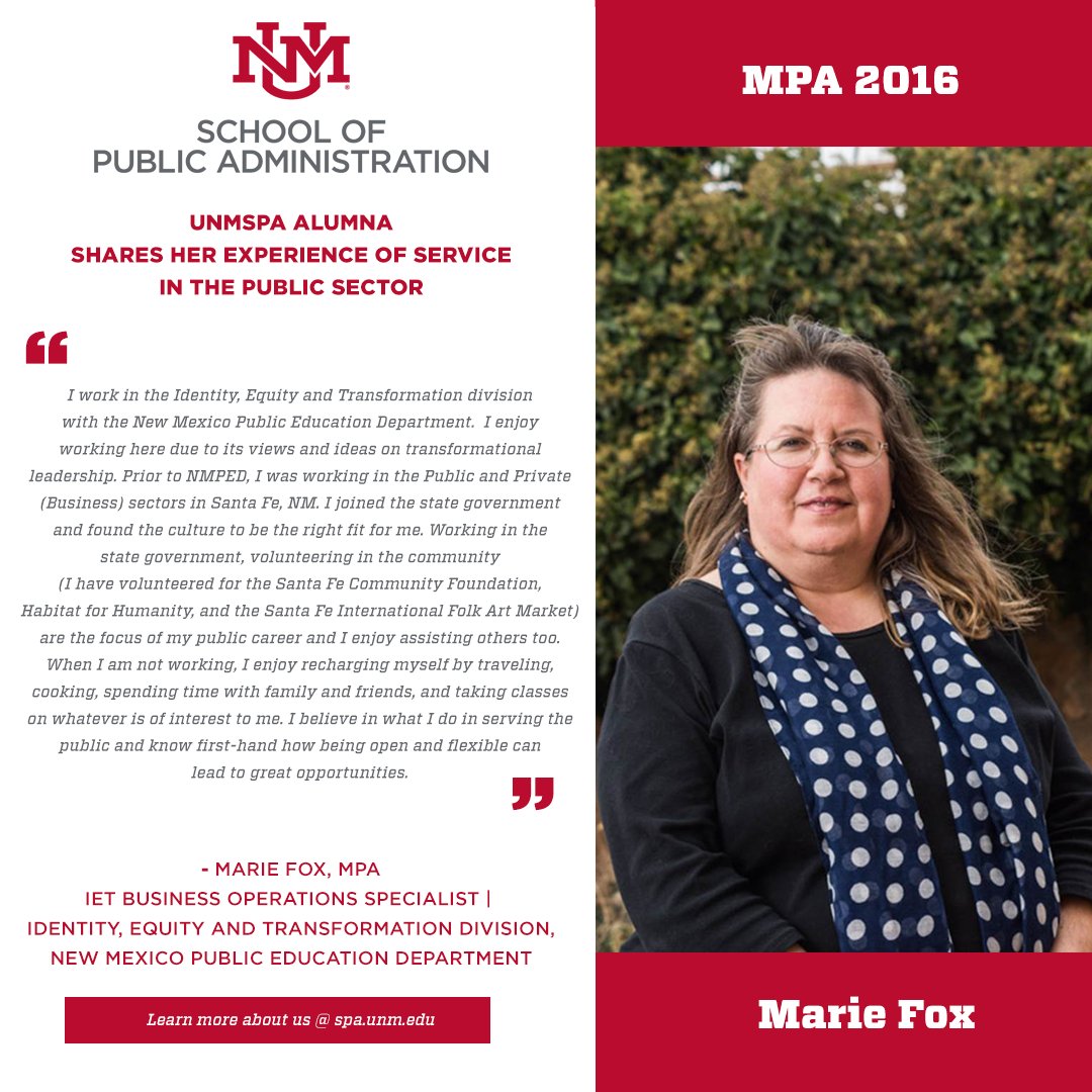 In observance of Public Service Recognition week we spotlight #UNMSPA graduate, Marie Fox. Thank you for your commitment to #publicservice 
#MPA #WeAreSPA