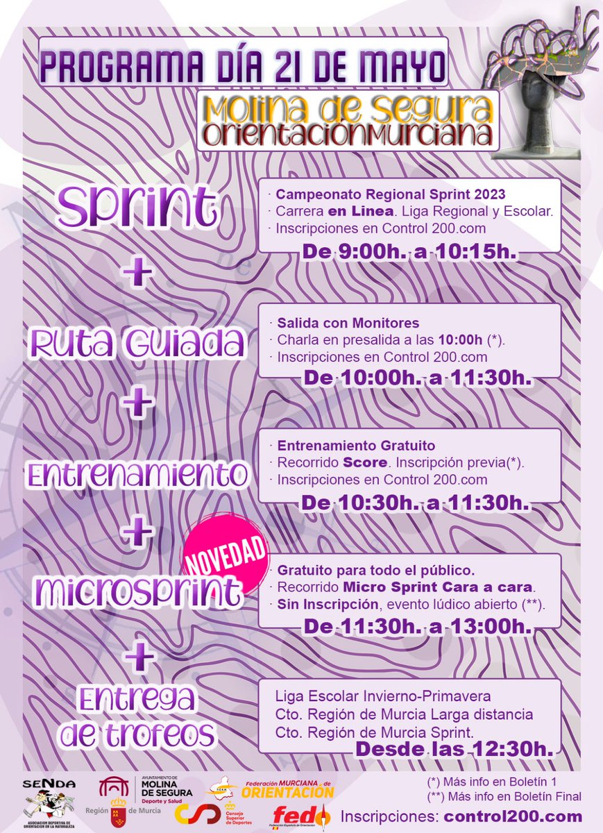 Senda_O's tweet image. Programación del Campeonato Regional distancia Sprint 2023 el 21 mayo en Molina de Segura.
Más información en control200.com y el Boletín 1.