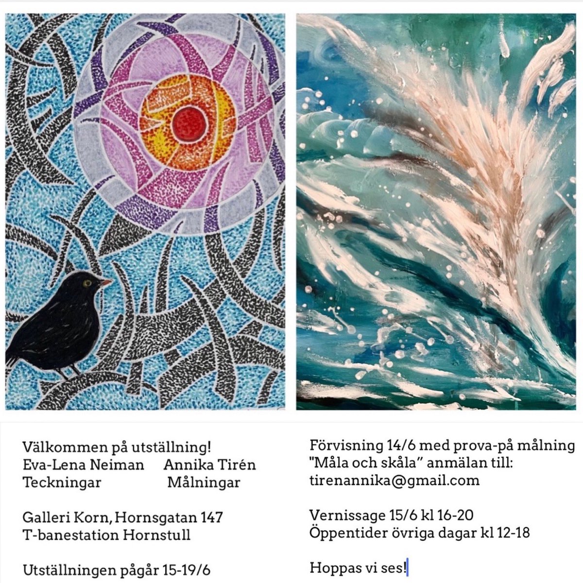 elneiman's tweet image. Sätt ett kryss i almanackan och kom förbi! Jag ställer ut bilder tillsammans med min dotter. Galleri Korn, Stockholm #konst #teckning #målning #art #kreativitet #utställning