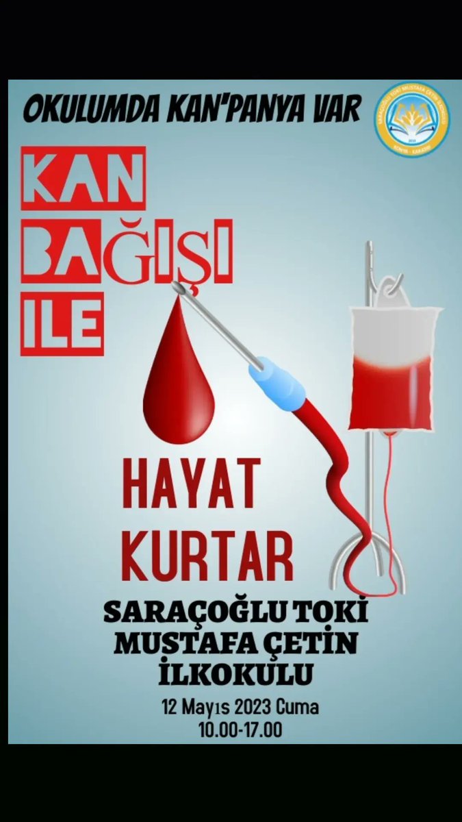 12 Mayıs 2023 Cuma günü müsait olan herkesi okulumuzda gerçekleştirilecek kan bağışı kampanyasına bekliyoruz. @konyamem @gokhanmurat1 @hlmyldz42 @karatayilcemem @samisagdic @EnginCorman @muratsysal