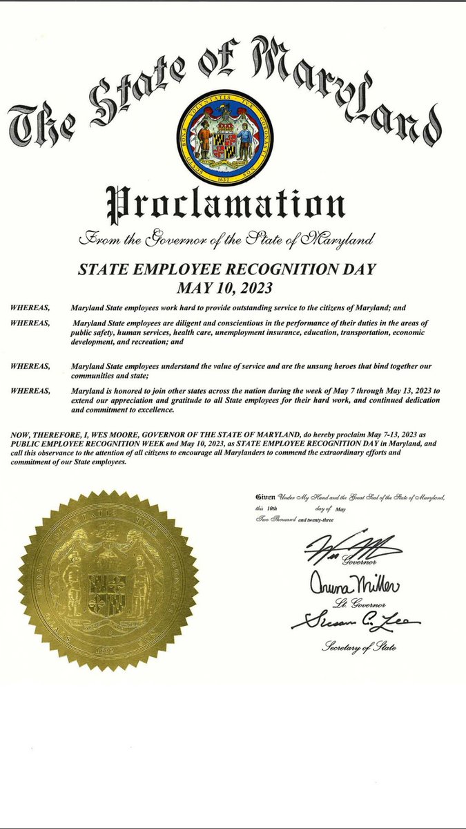Thank you to #GovWesMoore for the following proclamation recognizing the outstanding service and dedication of state employees. The hard work, leadership, &amp; commitment of those serving older adults help seniors across the state receive compassionate support &amp; services. #MDAging