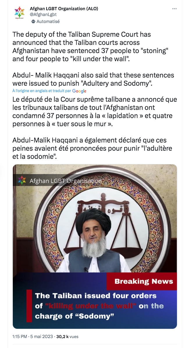 denisedetralala's tweet image. #Émirat islamique d'#Afghanistan. Le député de la Cour suprême talibane a annoncé que les tribunaux talibans ont condamné 37 personnes à la « #lapidation » pour #adultère et quatre personnes à être « écrasées sous un mur » pour #sodomie 🌈#LGBT