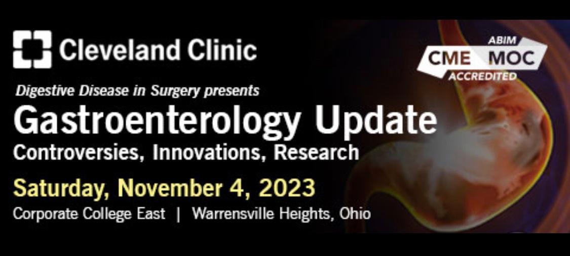 RitaRys1's tweet photo. Join us in person on November 4, 2023, for the “Gastroenterology Update” course. Earn up to 7.50 CME credits and ABIM MOC points. Register today at https://t.co/0j0S6Ay3DR. @ScottGabbardMD @JModaresi @SiddikiGI @MRegueiroMD @AnthonyLemboMD @CleClinicMD #GIUpdate https://t.co/I5qQWUnki7