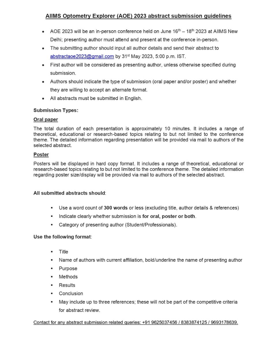 AnkitManiTiwar9's tweet image. AIIMS Optometry Explorer (16th to 18th June)
Submit Your Abstract Oral/Poster
#Optometrystudent
#Optometrist