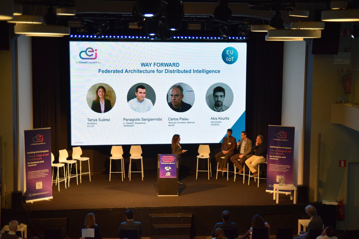 EU_CloudEdgeIoT's tweet photo. As the first day of our #EUCEIevent comes to an end with the final “Way Forward” session, experts shared valuable insights on how to sustain innovation ecosystems and accelerate the adoption of advanced technologies in the #cloud, #edge, and #IoT continuum. The #Hub4Cloud panel discussed the challenges and opportunities of 'Resource Orchestration and Adaptation in the Continuum,' while the @SWForumEU panel focused on 'Software Models, Tools, and Processes for the Continuum.' The #EU-IoT panel explored 'Federated Architectures for Distributed Intelligence.' These panels delved into technical topics like resource allocation, service discovery, data processing, and network management in the context of cloud-edge-IoT convergence and decentralised architectures. Through these discussions, we gained a better understanding of the key technical challenges and the path forward for #collaboration and #innovation. Follow us to stay updated on the latest developments and join the conversation: https://t.co/F7aXyur6O1