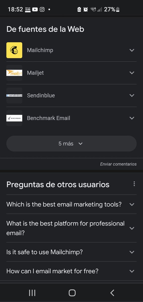 Creo que es la primera vez que veo este resultado🤔, me apareció al buscar "best mailing tools"

Si se implementa en España, mas de uno verá bajadas de ctr orgánico en búsquedas similares😓