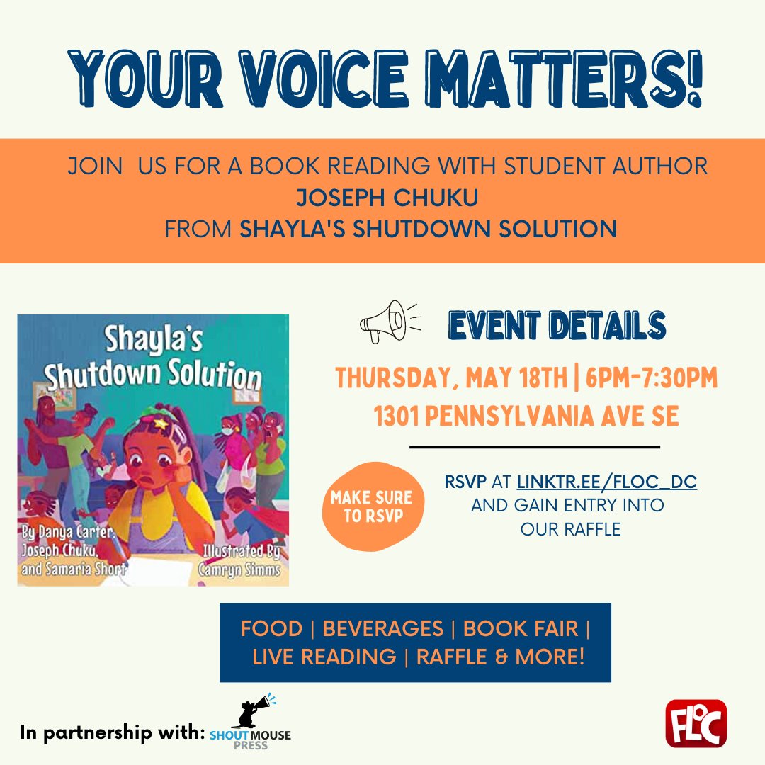 📣 Calling all students and parents! 📣  

Join us for a fun-filled evening on May 18! We'll have games, food, a raffle, a book fair, and a book reading w/student author, Joseph Chuku, from Shayla's Shutdown Solution.

We hope to see you there! RSVP at linktr.ee/floc_dc