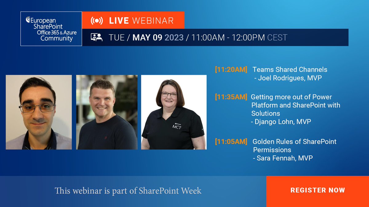 ESPC_Community's tweet photo. [On-Demand Webinar]

Join Joel, Django, and Sara for this series of #SharePoint Week Mini Webinars, and learn all about #SharePointPermissions, #SPFx User Access Tokens, and #ApplicationLifecycleManagement!

Watch here 👉 https://t.co/D5b7Ysmr1X https://t.co/nWVWYPKoiM