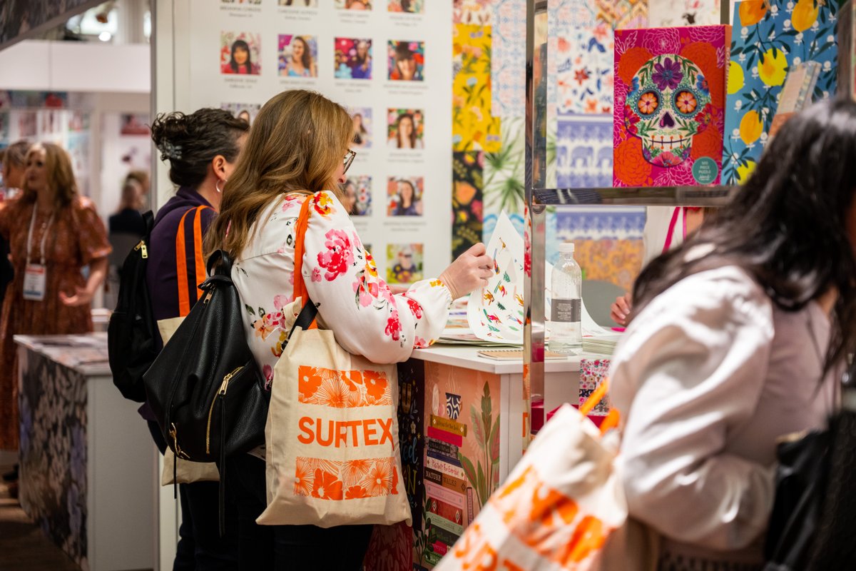 surtexshow's tweet photo. Enjoying a day full of energy and creativity at #SURTEX! 🧡 We'll be open until 4 PM today -- come on by and check out the latest designs for your next best seller. https://t.co/nxGg4fdaRN