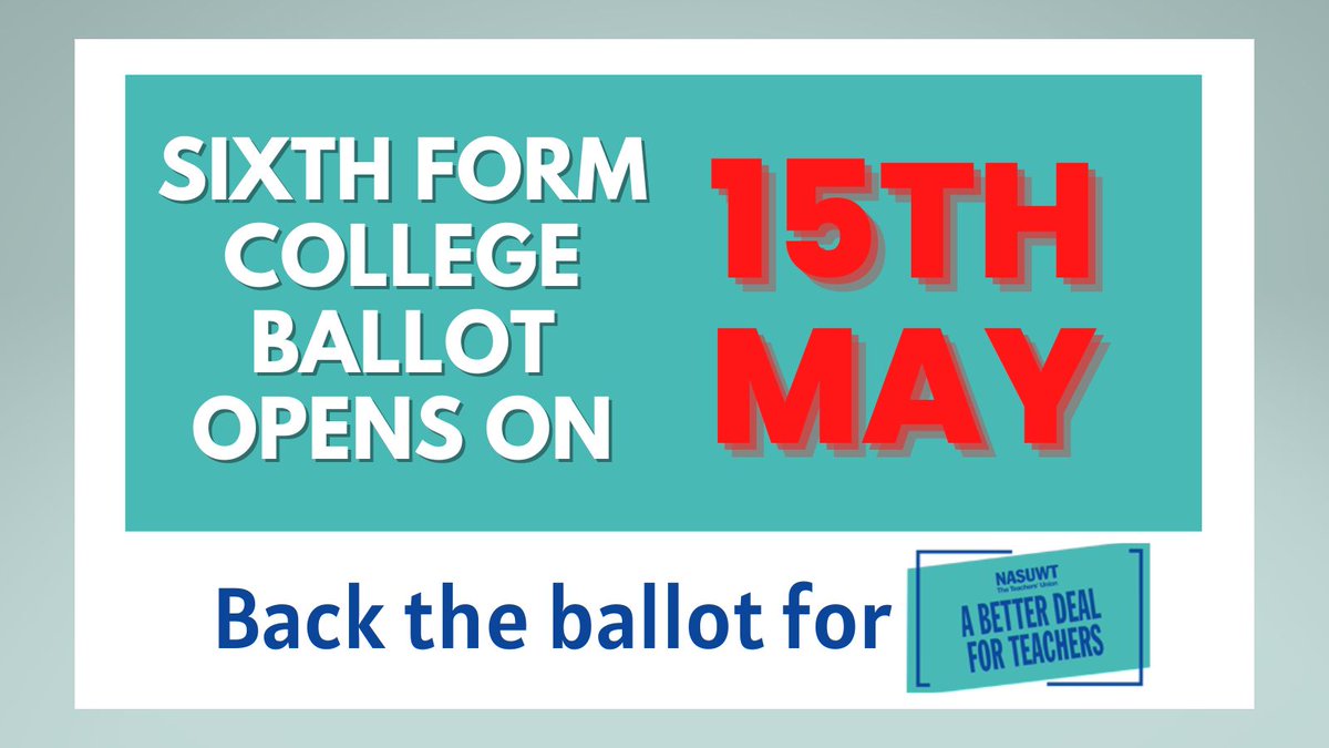 NASUWT: ⚠️ England state funded schools ballot: 5th June-10th July 

⚠️ England sixth form college ballot: 15th May-12th June.

Are you ballot ready?
Make sure we have your correct address, workplace &amp; contact details: nasuwt.org.uk/contact-us/upd…