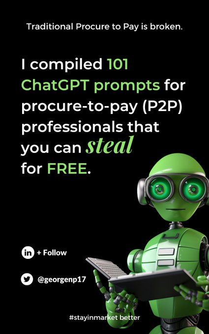 Want to play with #ChatGPT but afraid your boss will ask why you're not working on improving vendor relations?

Prompts 1, 11, 20, 21, & 74 in this guide will help you.

Get it for free (direct download, no email req.) at georgenpurvis.com

#procuretopay #spendmanagement