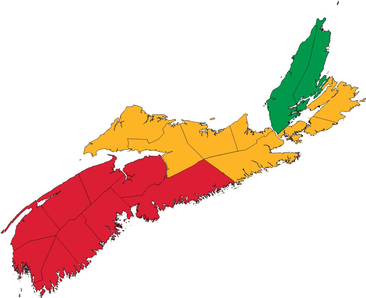 May 10: No burning in counties marked red. 

Burning restricted until after 7 p.m. in counties marked yellow. 

Burning permitted after 2 p.m. in counties marked green. 

Check before you burn and know your municipal bylaws! 
novascotia.ca/burnsafe/