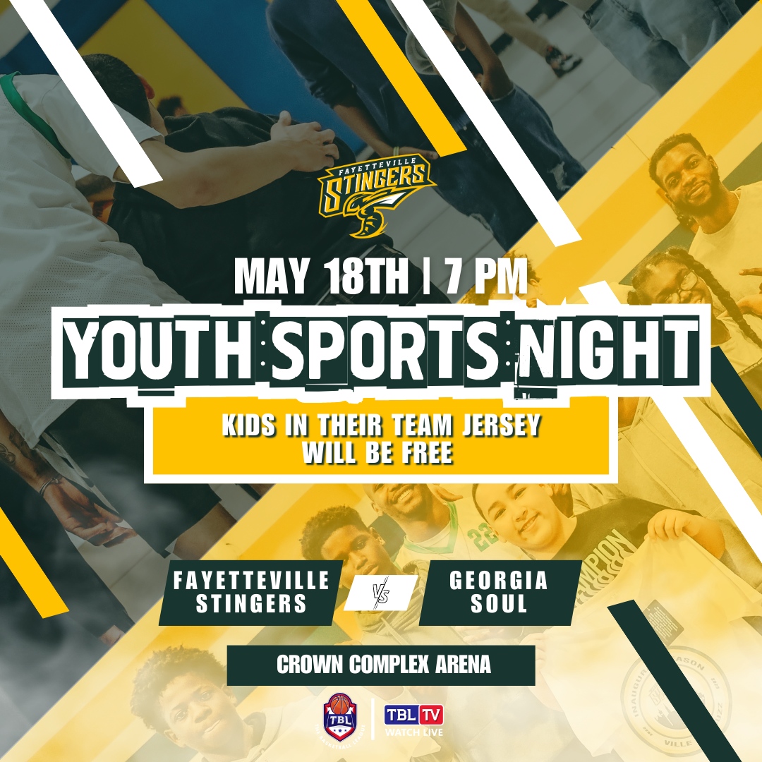 StingersTBL's tweet photo. Join us next week for Youth Sports Night at the Crown Complex Arena as our Stingers take on Georgia Soul. Kids in their youth sport jersey will have free entry! 🐝🏀 #BuzzOn
.
#Fayettevillestingers #TheBasketballLeauge
.
#Thingstodoinfayettevillenc #Thingstodoingreensboro #Thi... https://t.co/LTAlzuuKMq
