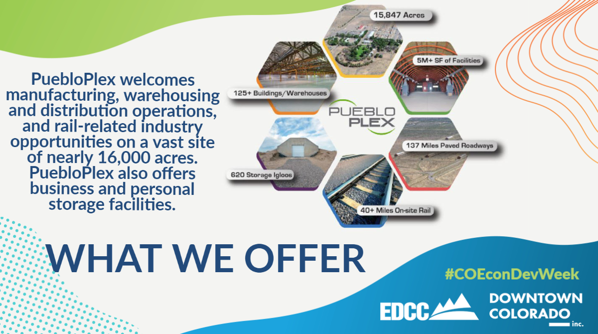 PuebloPlex's tweet image. #COEconDevWeek23  #EconDevWeek23
📣 PuebloPlex welcomes manufacturing, warehousing and distribution operations, and rail-related industry opportunities on a vast site of nearly 16,000 acres. PuebloPlex also offers business and personal storage facilities.