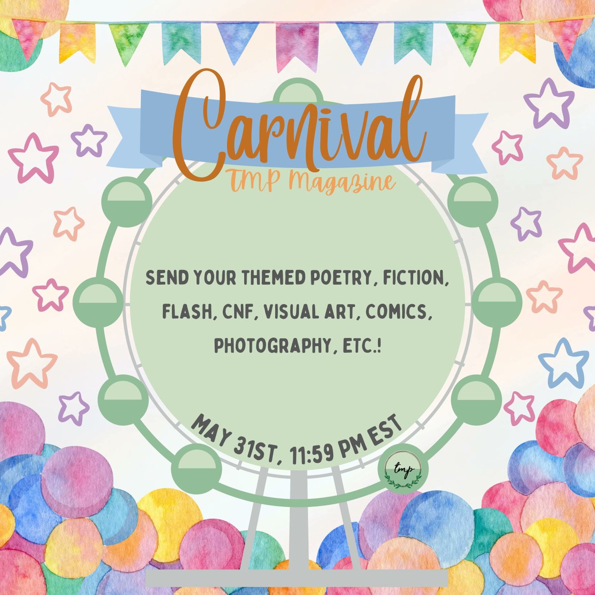 THREE WEEKS LEFT to submit your carnival themed pieces! Wondering how many pieces about ferris wheels and giant pretzels we can get...

Submit here: theminisonproject.com/magsubmissions

#TMPMagazine #Carnival #Circus