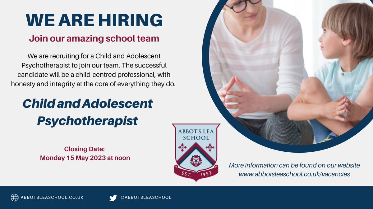 We are delighted to open new opportunities at Abbot's Lea School for:  

- HR Manager  

- Office Manager 

- Facilities Manager 

- Child and Adolescent Psychotherapist

 Each of the roles is unique and more information can be found on our website: abbotsleaschool.co.uk/vacancies