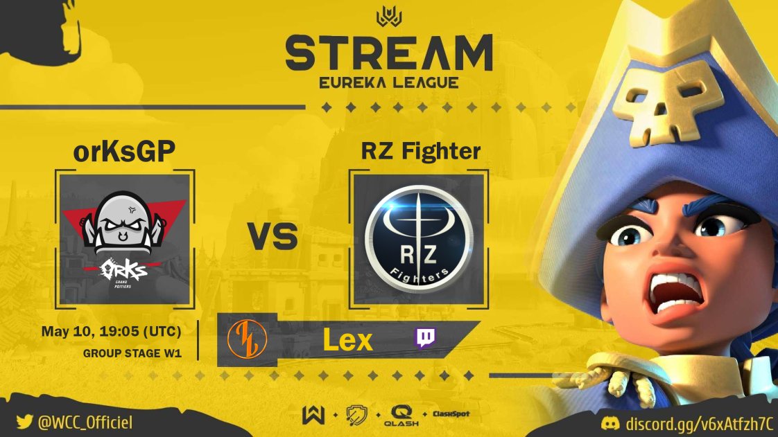 WCC - Eureka League
5v5 TH15 - 
Group Stage Week 1

📅 TODAY May 10 at 19:05 UTC
orKsGP 🆚️ RZ Fighter

🇫🇷 Lex
▶️  youtube.com/c/LEX-COC
▶️  twitch.tv/lexgo_tv