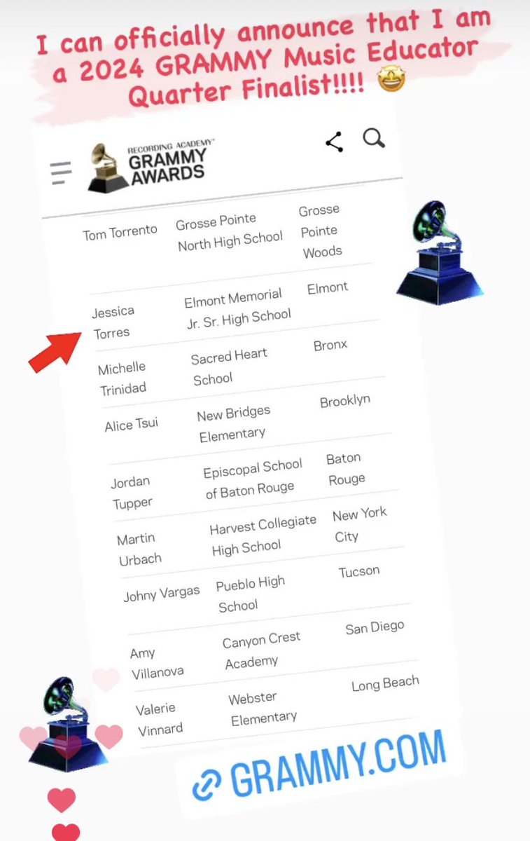 JTorresMusicNYC's tweet photo. Official announcement…I am a 
2024 GRAMMY Music Educator Quarter Finalist 🤩
Super excited to share with everyone what I do at Elmont HS…How AMAZING, TALENTED, &amp; INSPIRATIONAL my students are! 💚
#GRAMMYS #2024grammymusiceducatoraward #musiceducator #musiceducation #musicedlife https://t.co/yyrvGr2kzU