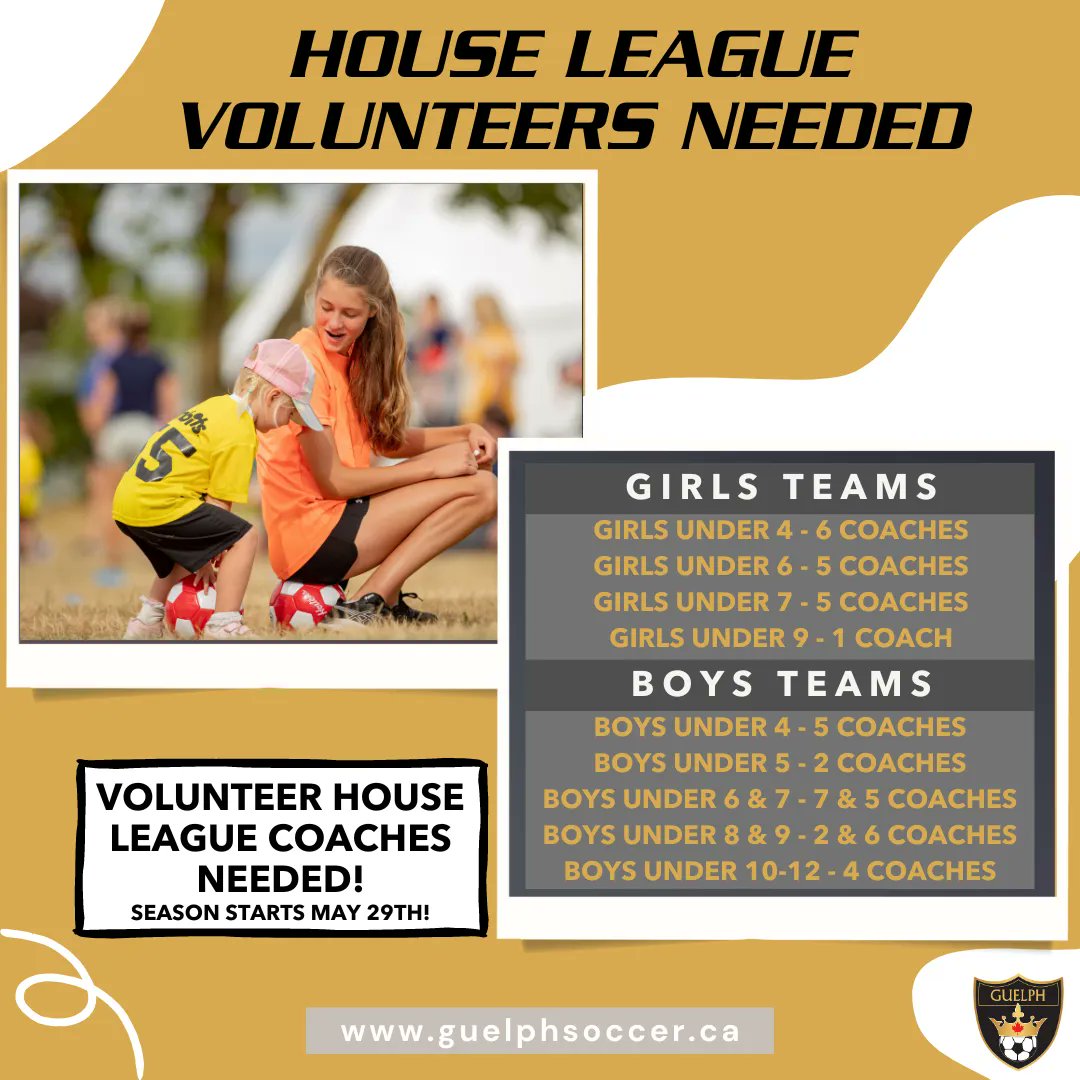 A great way to volunteer for high school requirements or make a difference with the youth in our community! With no prior experience needed, we are looking for our last set of house league coaches! Contact: caitlin.dunsmore@guelphsoccer.ca
guelphsoccer.ca/volunteer-oppo…