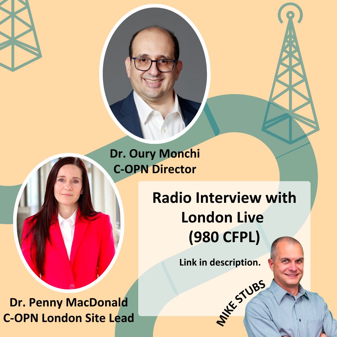 copn_rpco's tweet photo. Dr. Oury Monchi (Director of C-OPN) and Dr. Penny MacDonald (Site Lead/Clinical Investigator of the new C-OPN London Site) were interviewed by 980 CFPL London Live. Click on the link below to listen to both interviews promoting this new London C-OPN Site! https://t.co/X7AjhbfWib https://t.co/6xYn5f5sL3